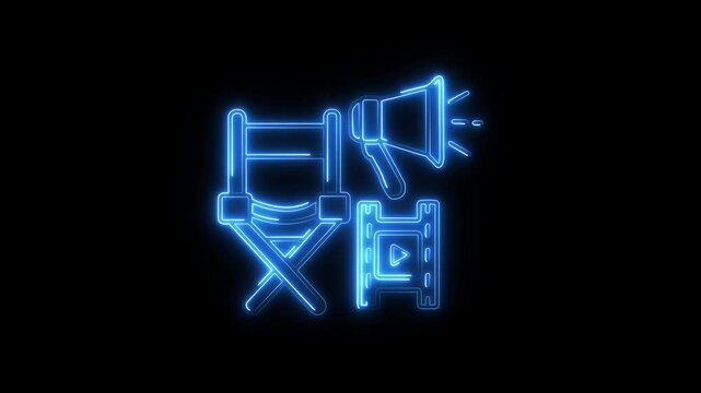 Glowing neon Movie Director icon isolated on black background. HD Video motion graphic animation.