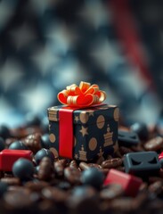 Patriotic themed gift box with a red ribbon on coffee beans, AI generated.