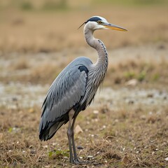 Obraz premium Heron bird standing in water near marshy grassland. 