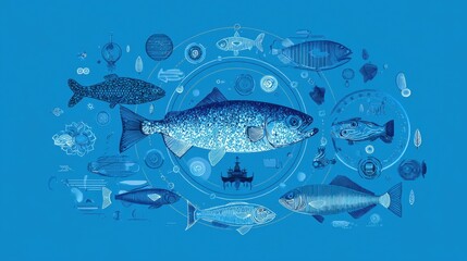 Fototapeta premium Marine life exploration design featuring various fish and nautical elements,World Fisheries Day