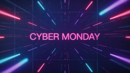 Cyber monday sale promotion with neon laser beam tunnel background