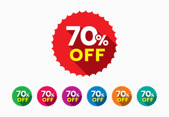 Discount sticker of special offer 70% off. Seventy percent off discount tag set for marketing campaigns. Special offer tag sticker design element for promotional activities.