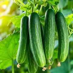 Close-up view of fresh cucumbers on the vine surrounded by green leaves in garden, organic vegetable farming and natural agriculture background