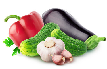 Bunch of vegetables. Garlic with two segments, bell pepper, cucumbers, eggplant isolated on white background