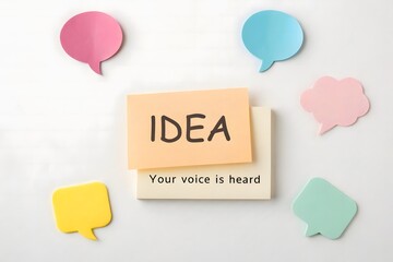 Flat lay of speech bubbles and an idea message in pastel