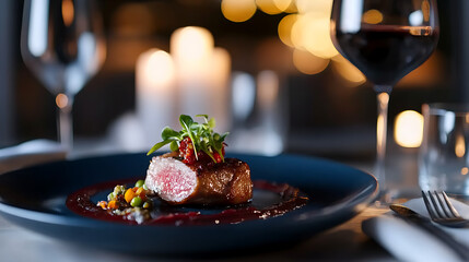 Exquisite seared meat dish with greens, sauce, and vegetables on a dark blue plate, complemented by a glass of red wine, set against a softly lit, elegant ambiance.