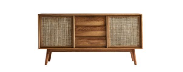 Mid-century modern wooden cabinet with woven panels