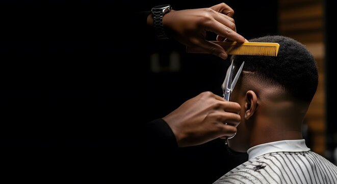 Detailed Close-up of Barber's Hands Giving a Stylish Fade Haircut with Scissors and Comb