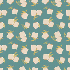 Cream or brown colored white bread or whole wheat bread seamless pattern. Turquoise green background decorated with whole wheat for wallpaper, bread wrappers, textiles, aprons, tablecloths, food webs