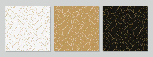 Gold minimalist curved line pattern on white, brown, and black backgrounds. Seamless pattern for printing