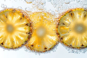 Pineapple slices floating in sparkling water with bubbles on white background. Macro shot. Refreshment and tropical fruit concept. Design for banner, poster, print, greeting card, invitation