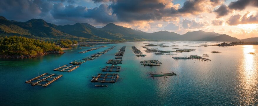 Serene coastal landscape with fish farms at sunset ,World Fisheries Day - Powered by Adobe