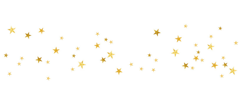 Golden falling stars confetti on white background, festive shiny gold star pattern for celebration, Christmas or New Year decoration