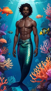 A muscular dark-skinned merman stands in vibrant coral and fish, underwater