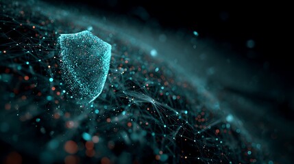 Abstract digital shield glowing in a dark network of futuristic connections