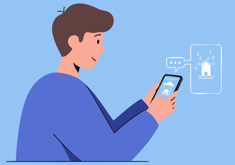 A young man uses a smartphone to view a home app. Modern illustration style, clean design, bright background. Focus on technology and home services.