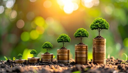 A visual representation of financial growth with miniature trees on stacked coins against a blurred nature background