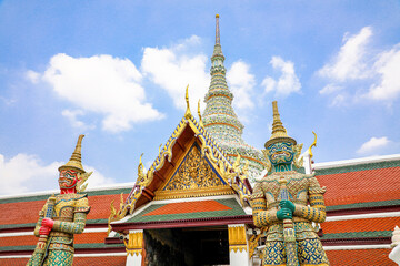 Fototapeta premium Wat Phra Kaew or Wat Phra Sri Rattana Satsadaram is temple used for various royal ceremonies during reign of King Rama I. It is temple within the Grand Palace. Inside temple is the Emerald Buddha.
