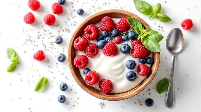 Healthy breakfast bowl with yogurt raspberries blueberries and basil for a nutritious start to the day - Powered by Adobe