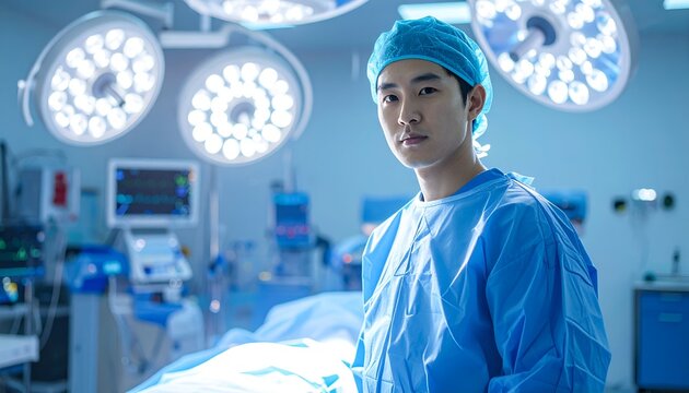 A focused surgeon in blue scrubs stands confidently in a bright operating room, ready for surgery