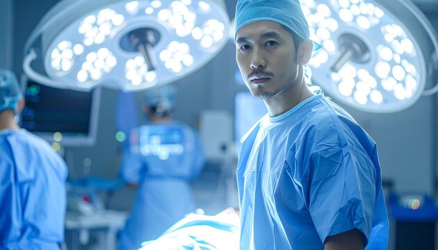 Surgeon in blue scrubs focuses intently in a modern operating room during a complex procedure