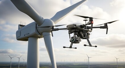 Drone inspecting wind turbine blades with blades in a green energy environment