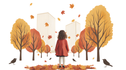 Girl in red dress standing in autumn park with falling leaves isolated on transparent background