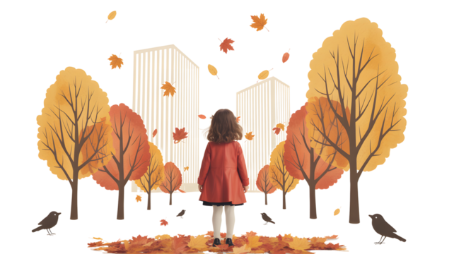 Girl in red dress standing in autumn park with falling leaves isolated on transparent background - Powered by Adobe