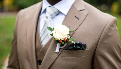 A well-dressed person in a tan suit is ready for an event, featuring a flower detail on the lapel and a pocket square