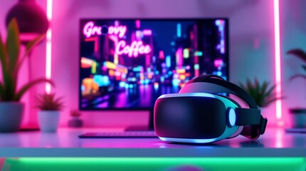 Vr headset virtual reality gaming metaverse neon lights futuristic technology digital world experience cool