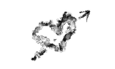 A heart pierced by an arrow symbol, created from black smoke or watercolor splatter. Conceptually symbolizing love, romance, Cupid, passion, and pain.