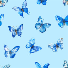  Blue morpho butterflies fly. Seamless pattern. Summer watercolor background. Texture for fabric, wrapping, wallpaper. Decorative print.