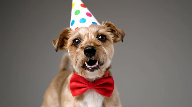 Dog Birthday Celebration - A cute terrier mix dog is dressed up for a party with a polka dot party hat and a red bow tie.