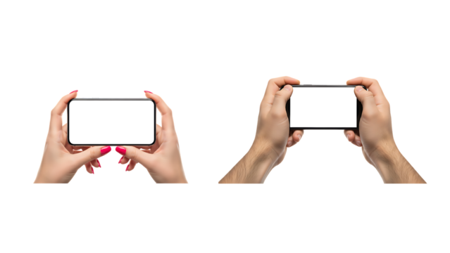 Male and female hands holding smartphone device in horizontal mode - Powered by Adobe