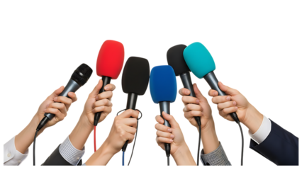 Press conference microphones in hands for interview on a black background