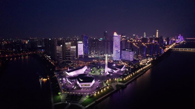 Aerial photography of modern buildings cityscape at night in Changsha, China