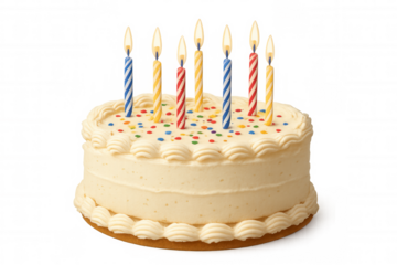 Birthday cake with lit candles and colorful sprinkles, celebrating a special event, transparent background