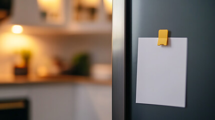 A reminder note hangs on the metallic refrigerator door, held in place by a bright yellow clip. Warm, blurred kitchen background evokes cozy, domestic ambiance. A simple message board.