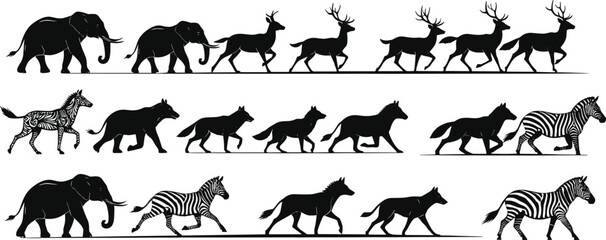 Fototapeta premium Animal silhouettes, walking and running, wildlife motion study, zebra, elephant, deer, canine gait, dynamic poses, animal locomotion, black silhouettes, comparison