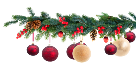 decorative balls on fir tree, Christmas garland isolated on transparent background