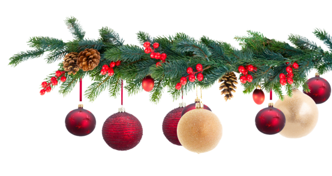 decorative balls on fir tree, Christmas garland isolated on transparent background
