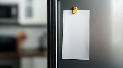 A pristine white sheet secured on a stainless steel refrigerator door with a golden clip, serves as a focal point against the softly blurred backdrop of a contemporary kitchen.