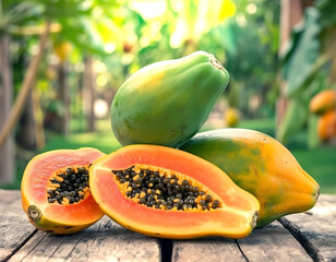 Ripe cut papaya fruit on the wooden table on green jungle background.
