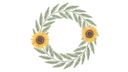 Oval wreath of green leaves and two sunflowers isolated on transparent background