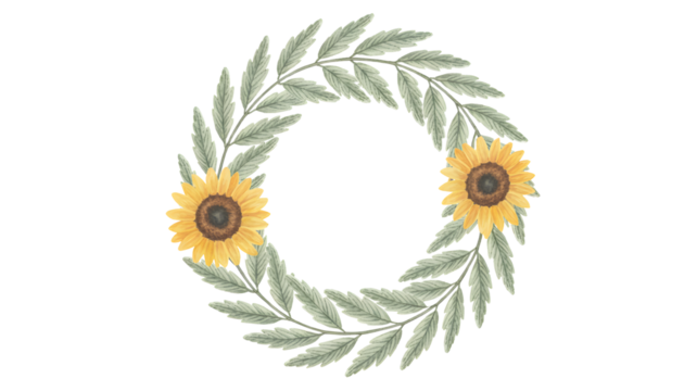 Oval wreath of green leaves and two sunflowers isolated on transparent background