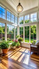 Bright sunroom bathed in natural light, showcasing garden views