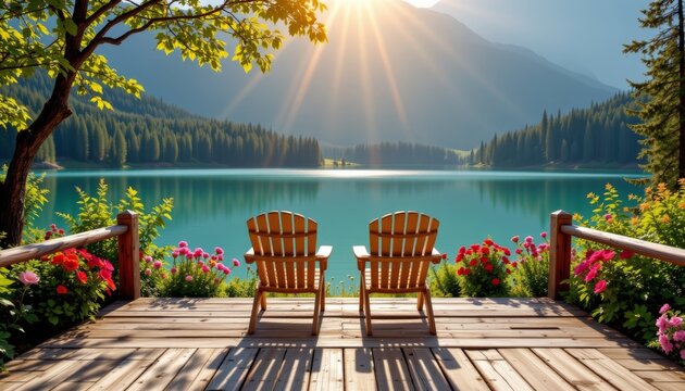 Serene sunset viewing from two wooden adirondack chairs lakeside retreat photography peaceful nature wide angle relaxation concept - Powered by Adobe