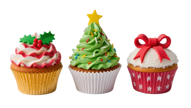 Christmas cupcakes with festive decorations including holly, tree and bow, isolated on transparent background