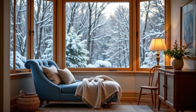 Cozy winter retreat blue chair snowy landscape living room warm atmosphere inviting view tranquil concept