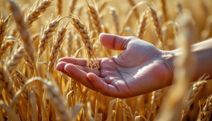 Human hand gently touching wheat grain in golden field close-up photography nature outdoor agricultural concept
